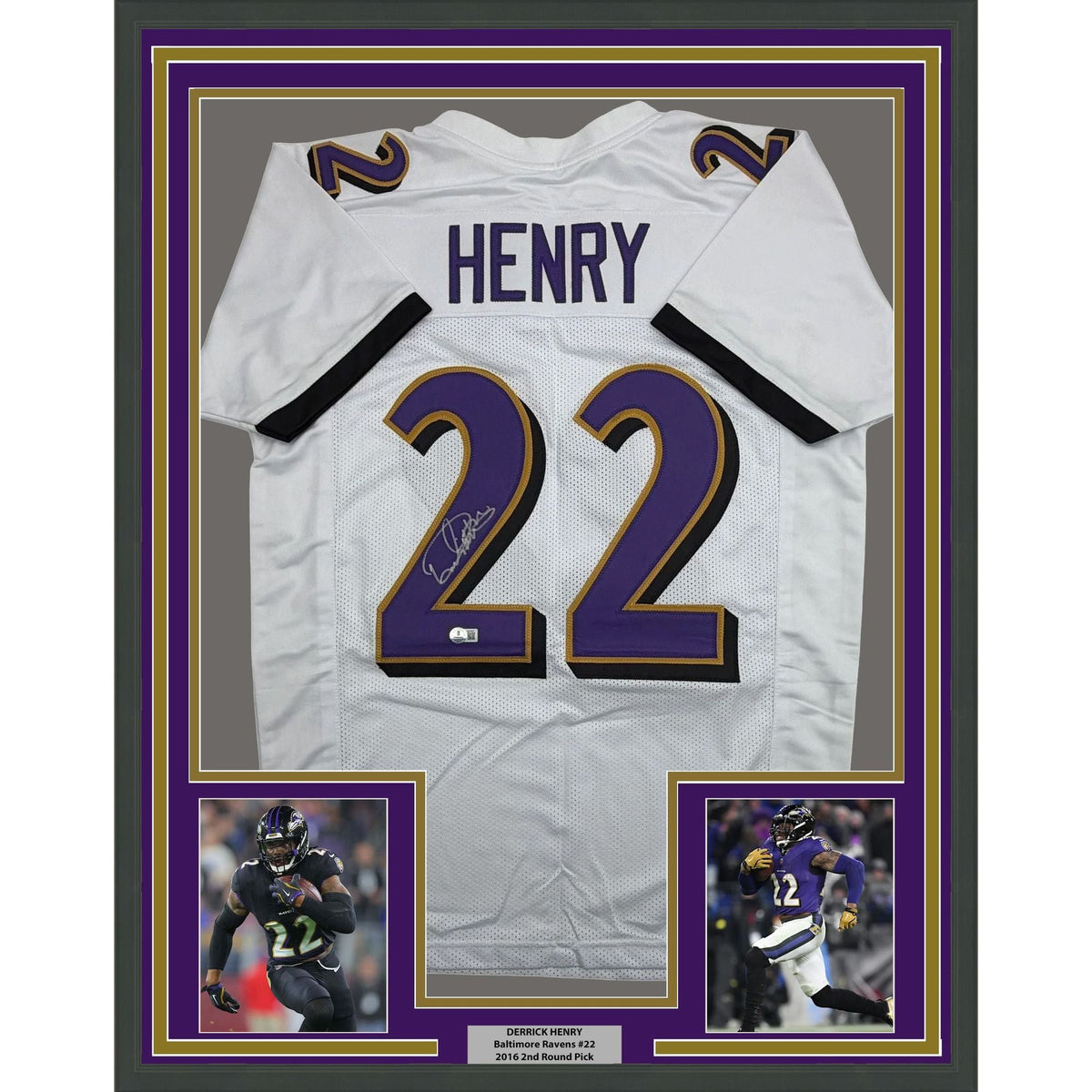 Framed Autographed/Signed Derrick Henry 35x39 Baltimore White Football Jersey Beckett BAS COA