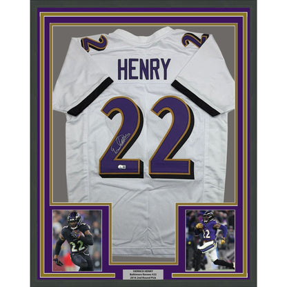 Framed Autographed/Signed Derrick Henry 35x39 Baltimore White Football Jersey Beckett BAS COA