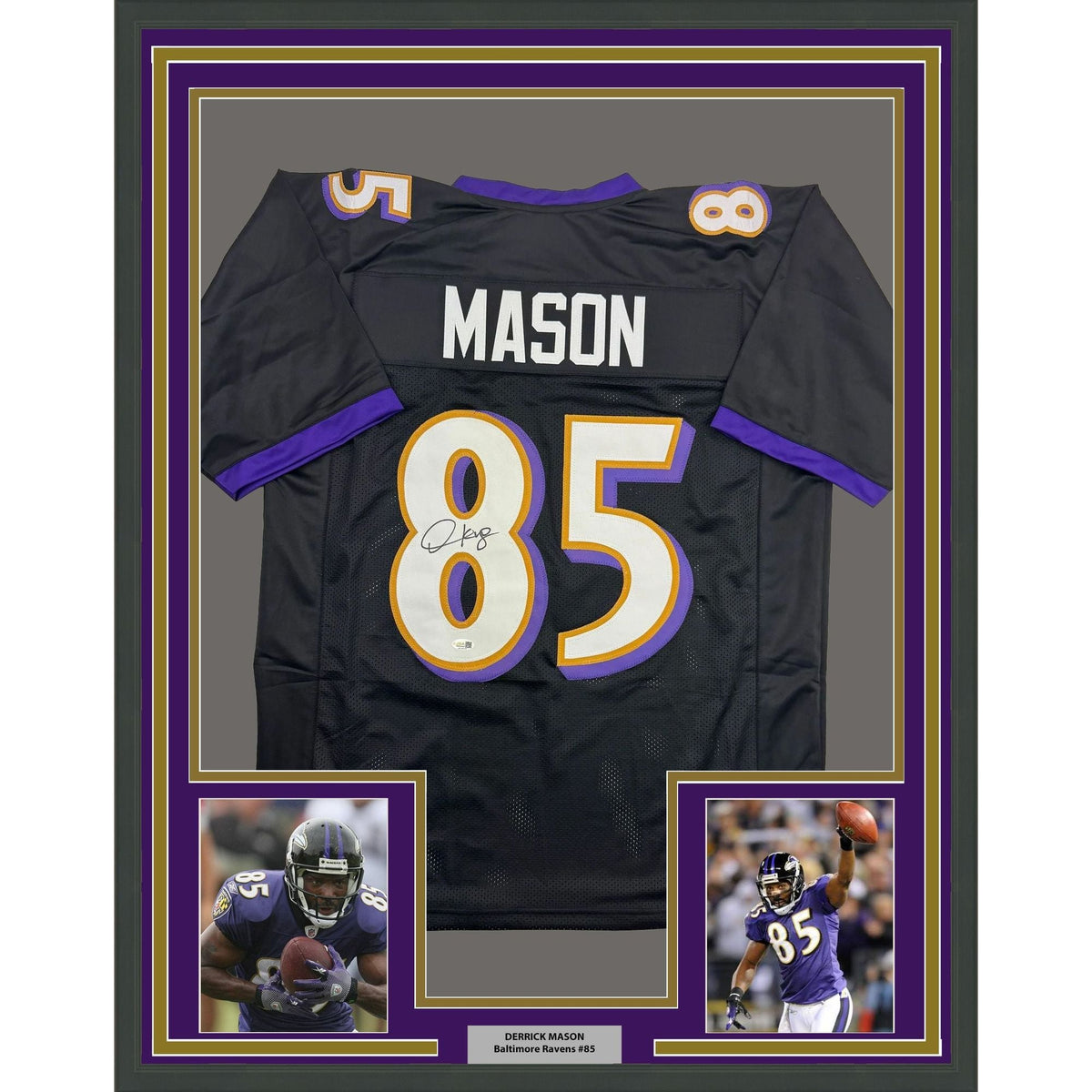 Framed Autographed/Signed Derrick Mason 35x39 Baltimore Black Football Jersey Beckett BAS COA