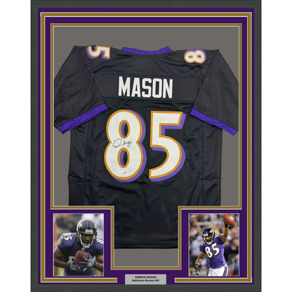Framed Autographed/Signed Derrick Mason 35x39 Baltimore Black Football Jersey Beckett BAS COA
