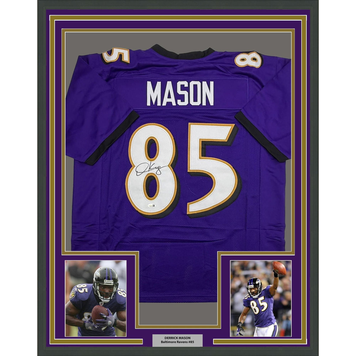 Framed Autographed/Signed Derrick Mason 35x39 Baltimore Purple Football Jersey Beckett BAS COA