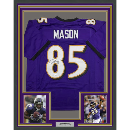 Framed Autographed/Signed Derrick Mason 35x39 Baltimore Purple Football Jersey Beckett BAS COA