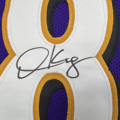 Framed Autographed/Signed Derrick Mason 35x39 Baltimore Purple Football Jersey Beckett BAS COA