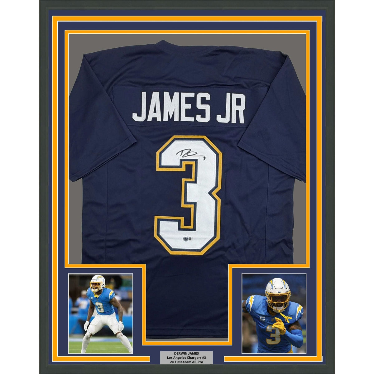 Framed Autographed/Signed Derwin James 35x39 Los Angeles San Diego Navy Blue Football Jersey Beckett BAS COA