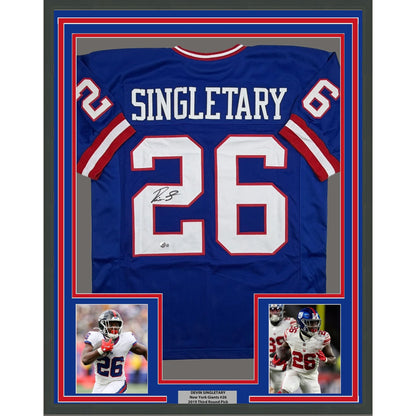 Framed Autographed/Signed Devin Singletary 35x39 New York Blue Retro Football Jersey Beckett BAS COA