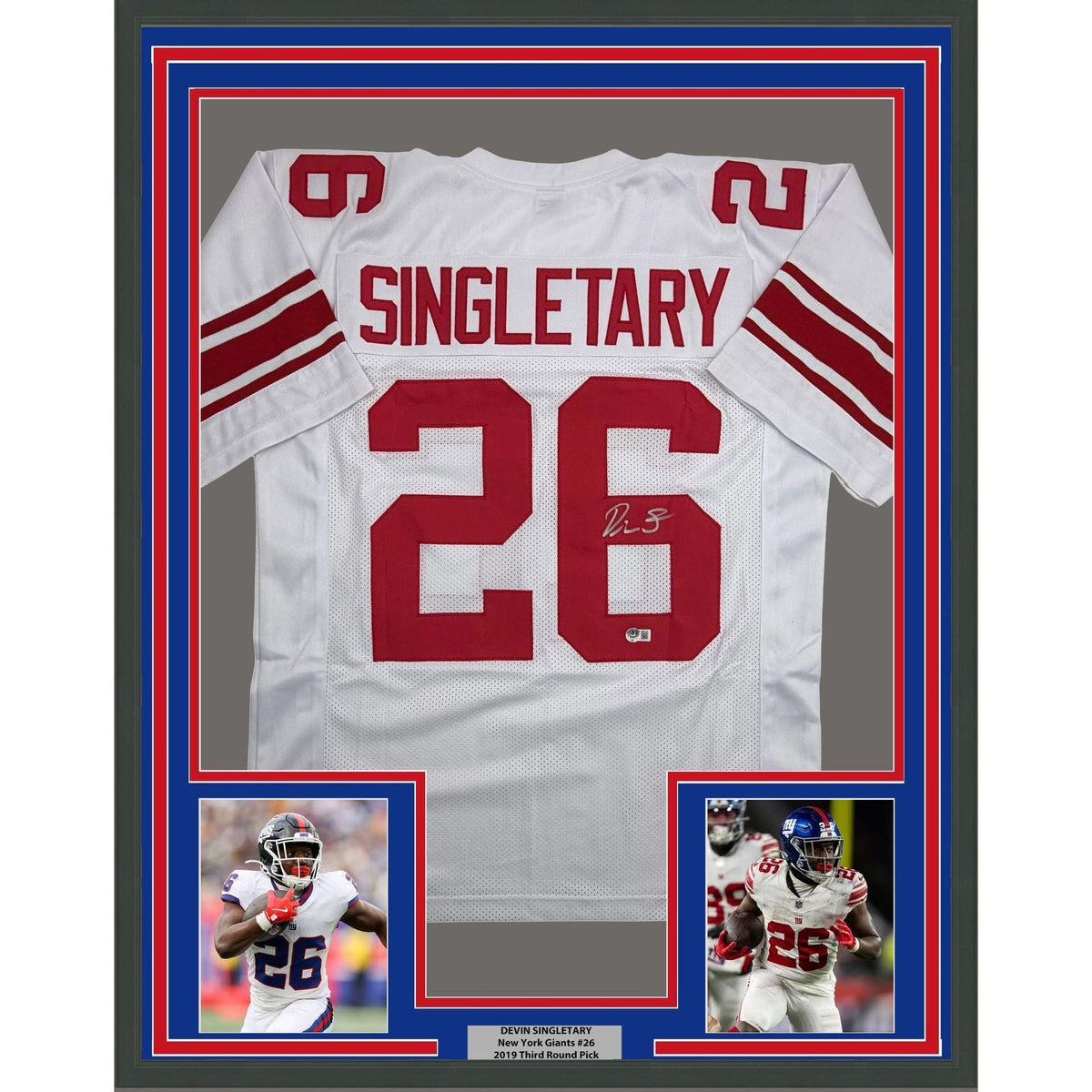 Framed Autographed/Signed Devin Singletary 35x39 New York White Football Jersey Beckett BAS COA