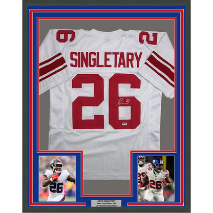 Framed Autographed/Signed Devin Singletary 35x39 New York White Football Jersey Beckett BAS COA