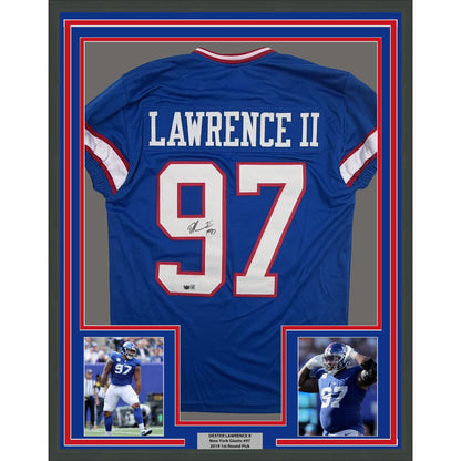 Framed Autographed/Signed Dexter Lawrence II 35x39 New York Blue Retro Pro Cut Football Jersey Beckett BAS COA