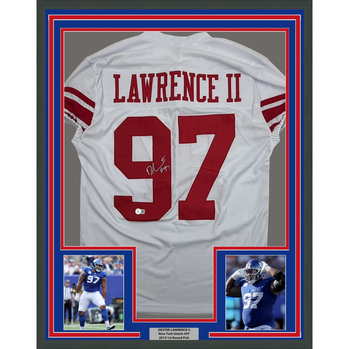Framed Autographed/Signed Dexter Lawrence II 35x39 New York White Pro Cut Football Jersey Beckett BAS COA