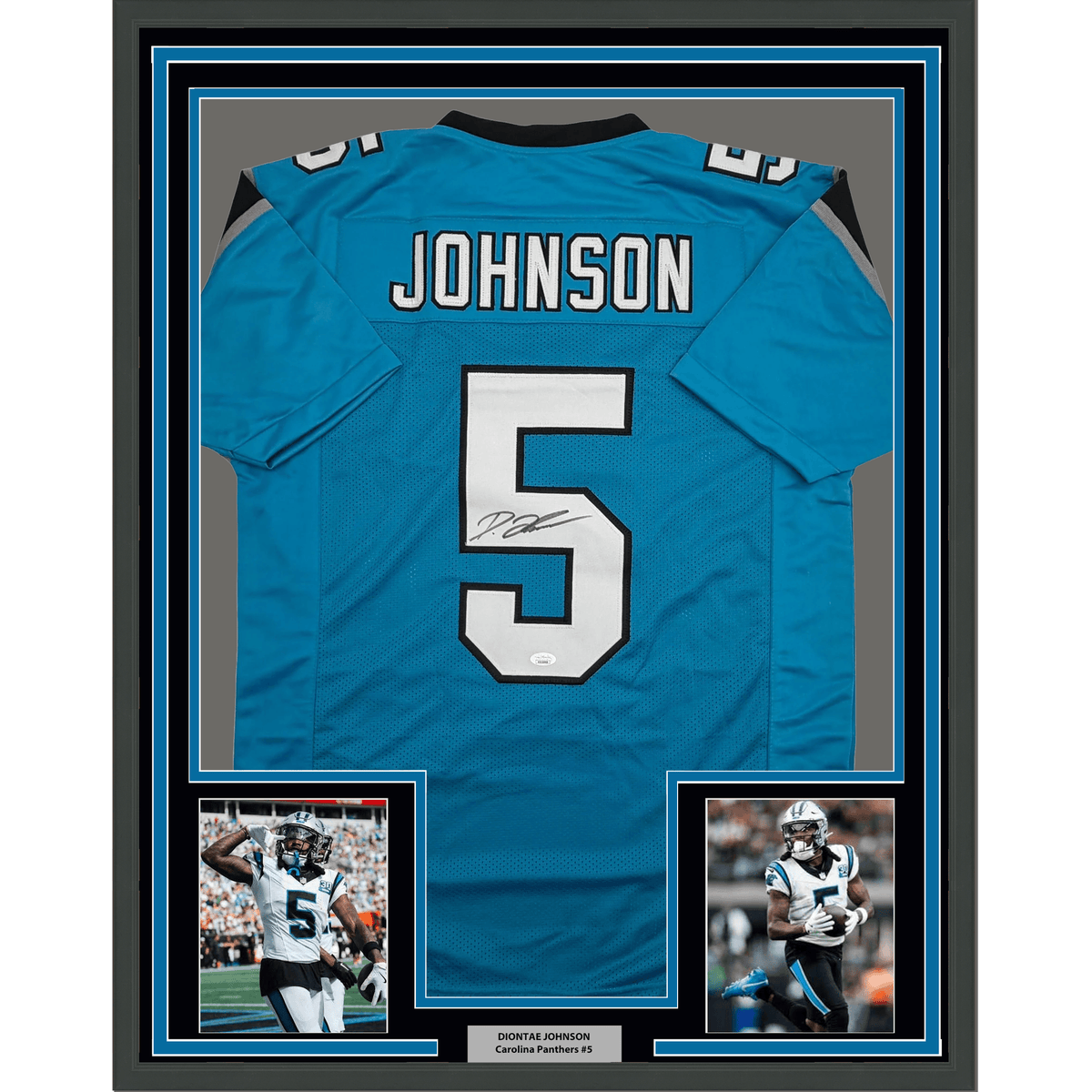Framed Autographed/Signed Diontae Johnson 35x39 Carolina Blue Football Jersey JSA COA
