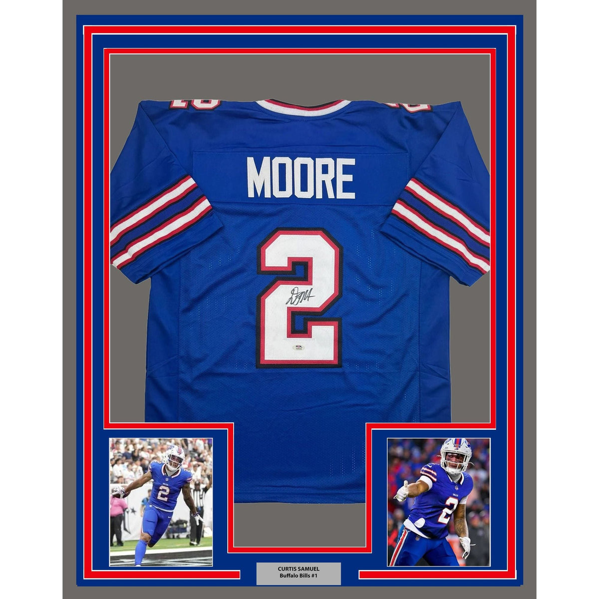 Framed Autographed/Signed D.J. DJ Moore 35x39 Buffalo Blue Football Jersey PSA/DNA COA