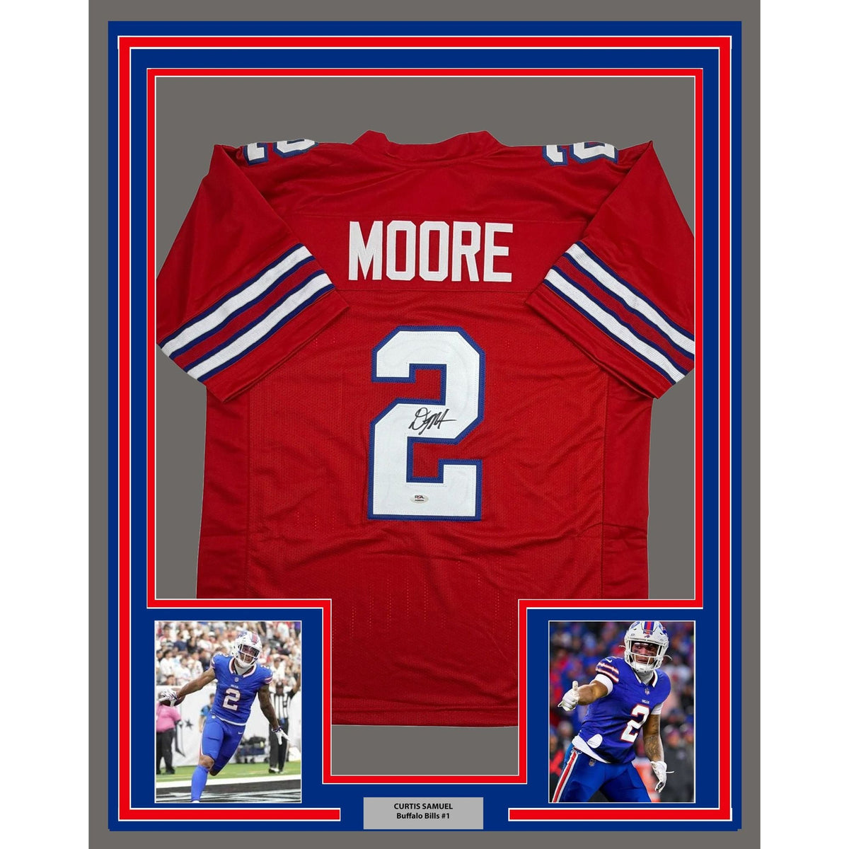 Framed Autographed/Signed DJ D.J. Moore 35x39 Buffalo Red Football Jersey PSA/DNA COA