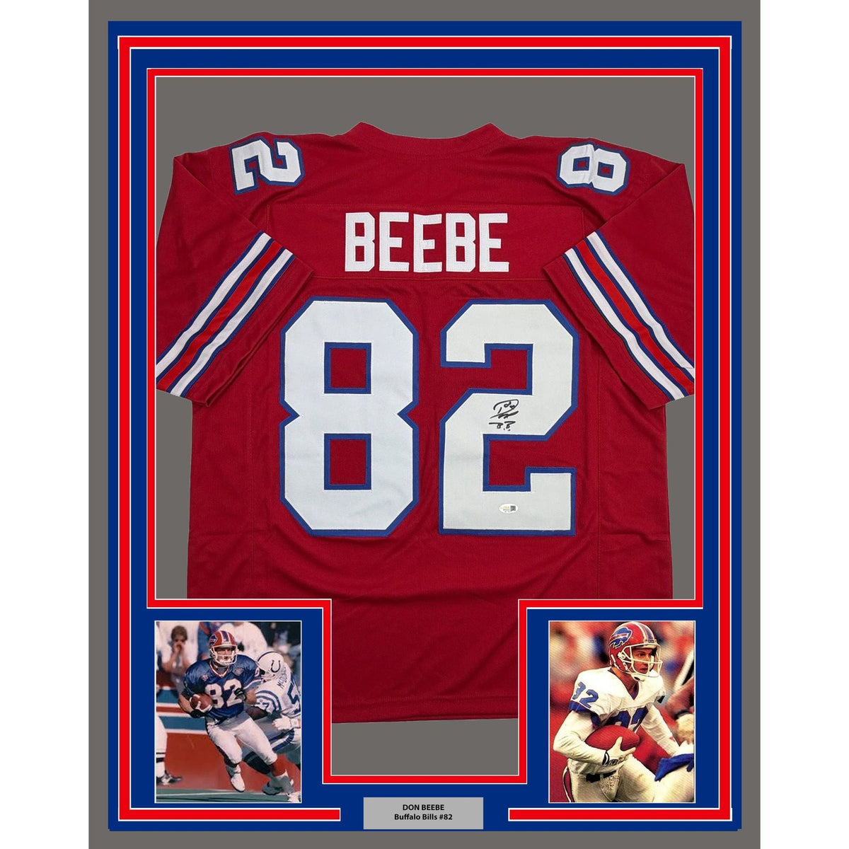 Framed Autographed/Signed Don Beebe 35x39 Buffalo Red Football Jersey JSA COA