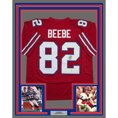 Framed Autographed/Signed Don Beebe 35x39 Buffalo Red Football Jersey JSA COA