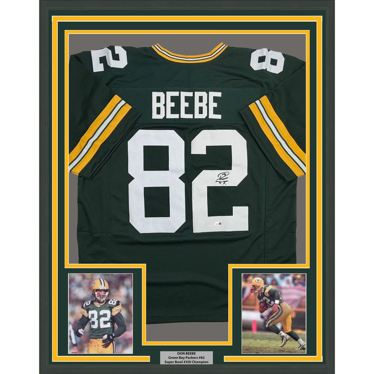 Framed Autographed/Signed Don Beebe 35x39 Green Bay Green Football Jersey JSA COA
