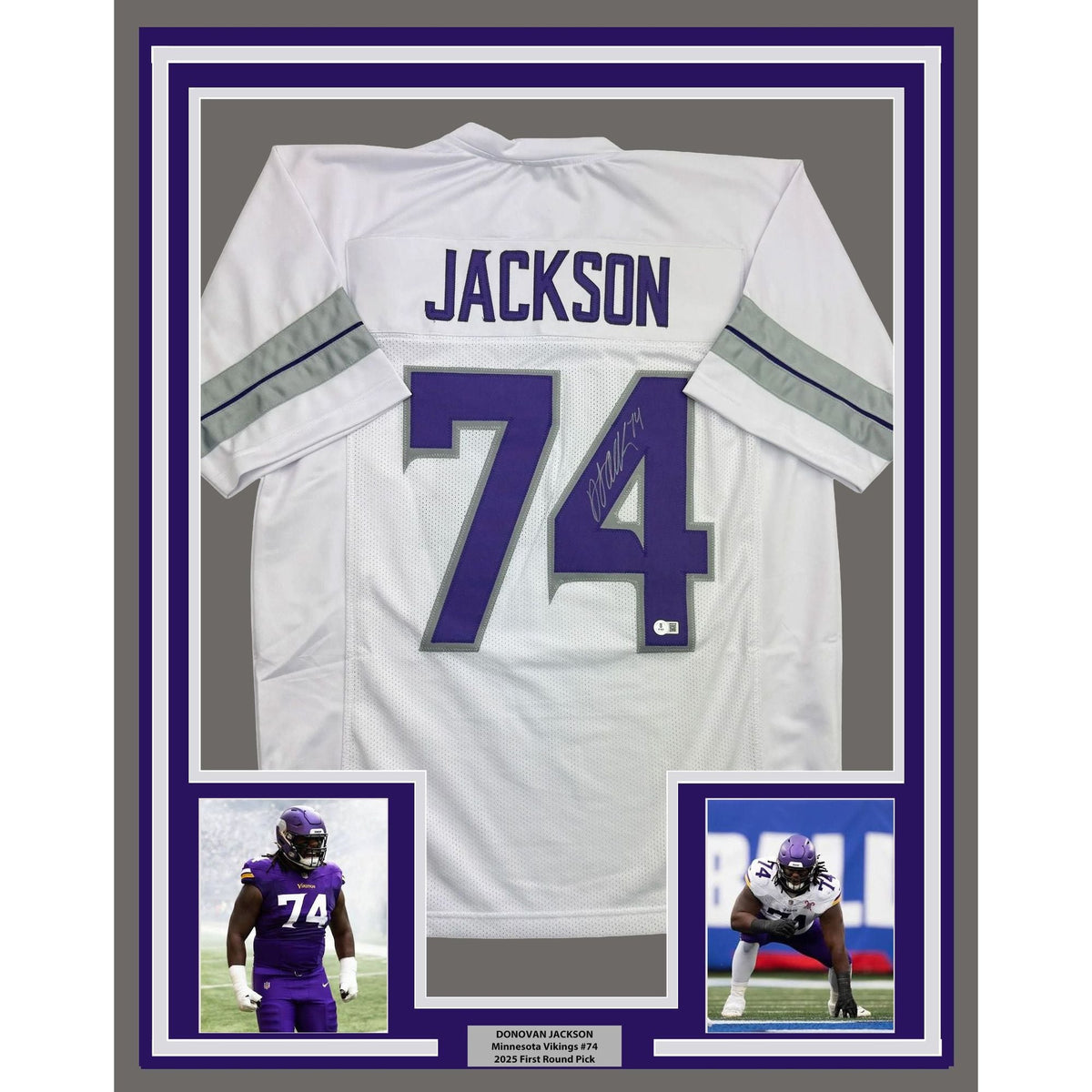 Framed Autographed/Signed Donovan Jackson 35x39 Minnesota White Alternate Football Jersey Beckett BAS COA