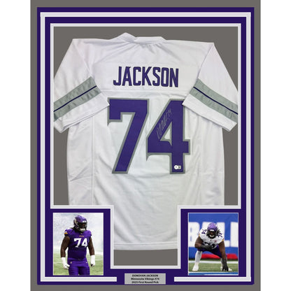 Framed Autographed/Signed Donovan Jackson 35x39 Minnesota White Alternate Football Jersey Beckett BAS COA