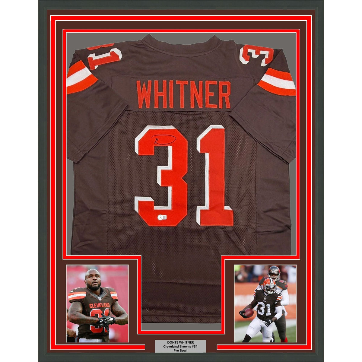Framed Autographed/Signed Donte Whitner 35x39 Cleveland Brown Football Jersey Beckett BAS COA