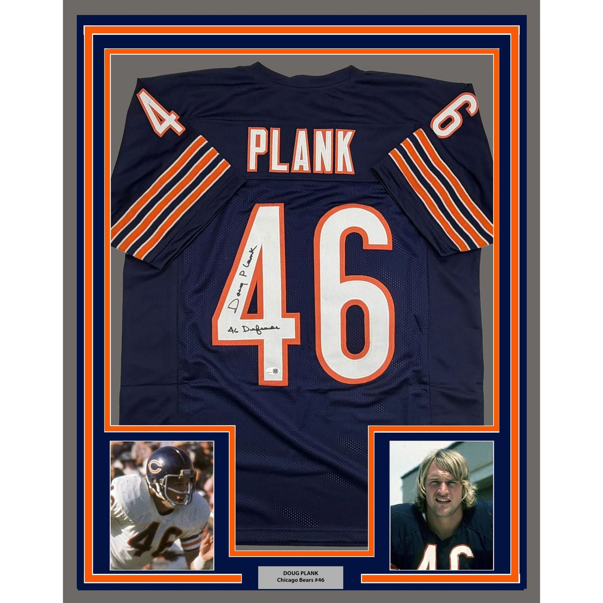 Framed Autographed/Signed Doug Plank 35x39 Chicago Blue Football Jersey JSA COA