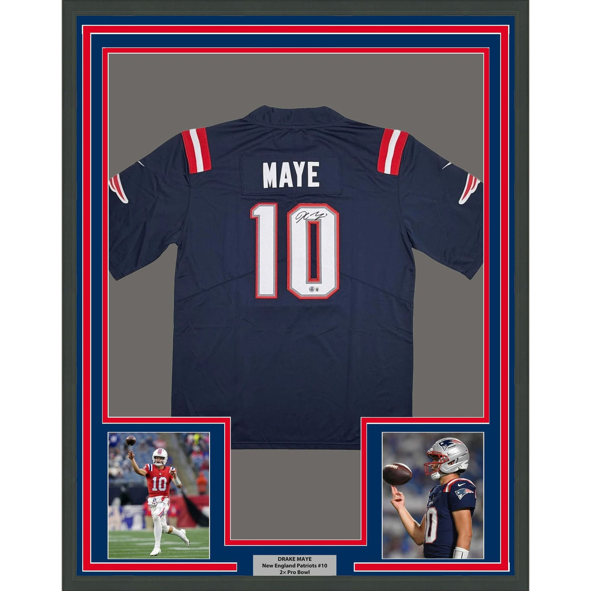 Framed Autographed/Signed Drake Maye 35x39 New England Patriots Blue Authentic Football Jersey Beckett BAS COA
