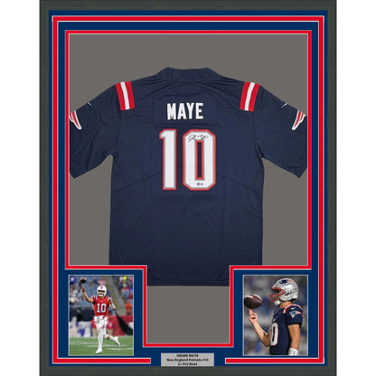 Framed Autographed/Signed Drake Maye 35x39 New England Patriots Blue Authentic Football Jersey Beckett BAS COA