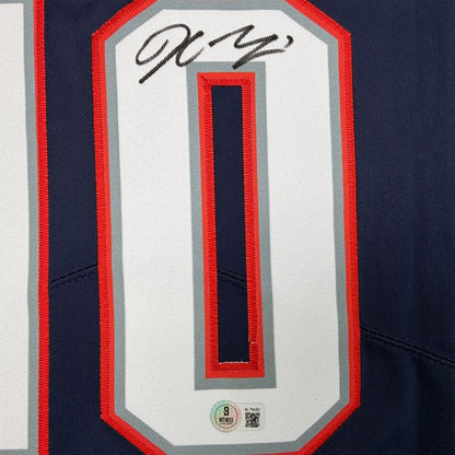 Framed Autographed/Signed Drake Maye 35x39 New England Patriots Blue Authentic Football Jersey Beckett BAS COA