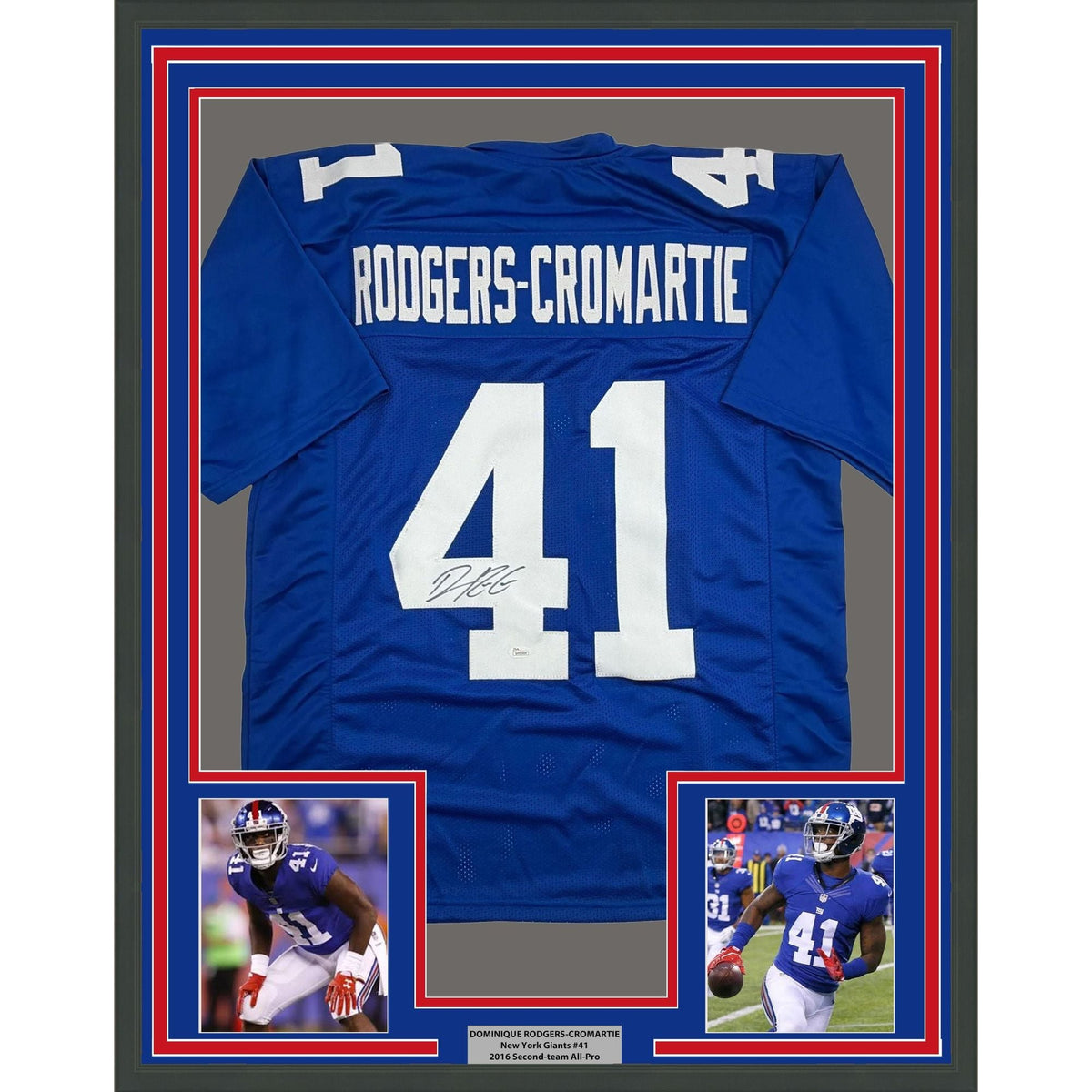 Framed Autographed/Signed Dominique Rodgers-Cromartie 35x39 New York Blue Football Jersey JSA COA