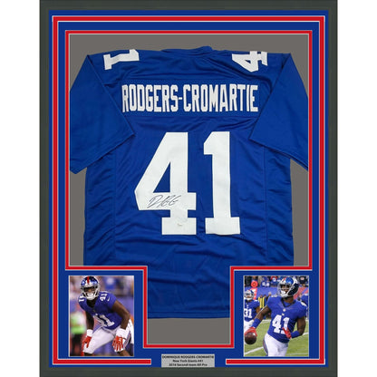 Framed Autographed/Signed Dominique Rodgers-Cromartie 35x39 New York Blue Football Jersey JSA COA