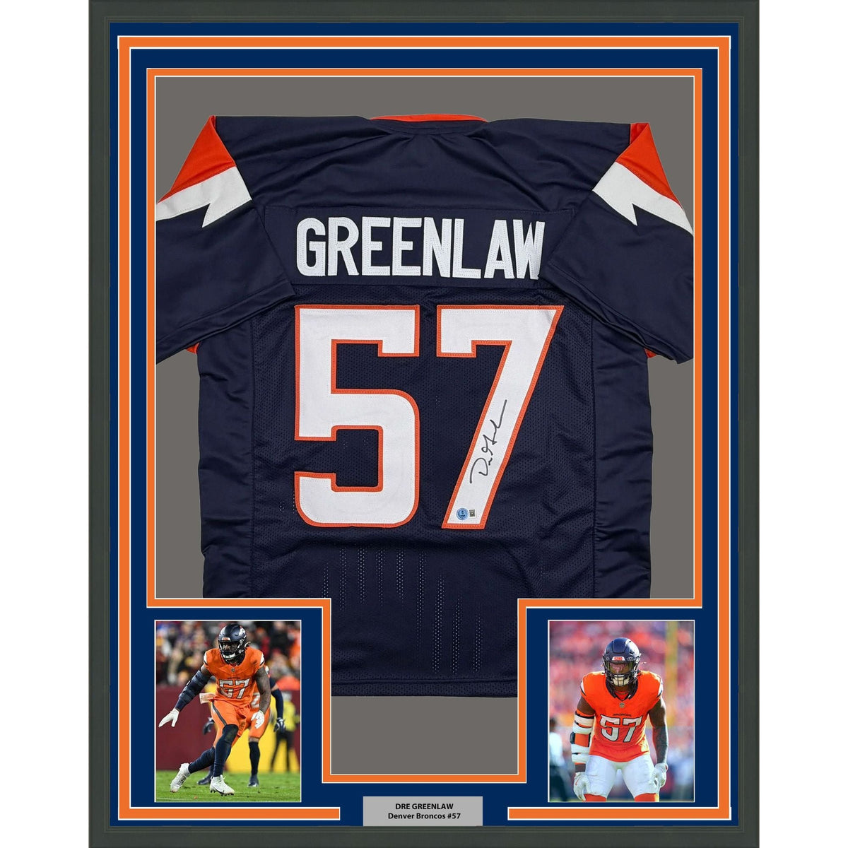 Framed Autographed/Signed Dre Greenlaw 35x39 Denver Blue Football Jersey Beckett BAS COA