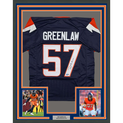 Framed Autographed/Signed Dre Greenlaw 35x39 Denver Blue Football Jersey Beckett BAS COA