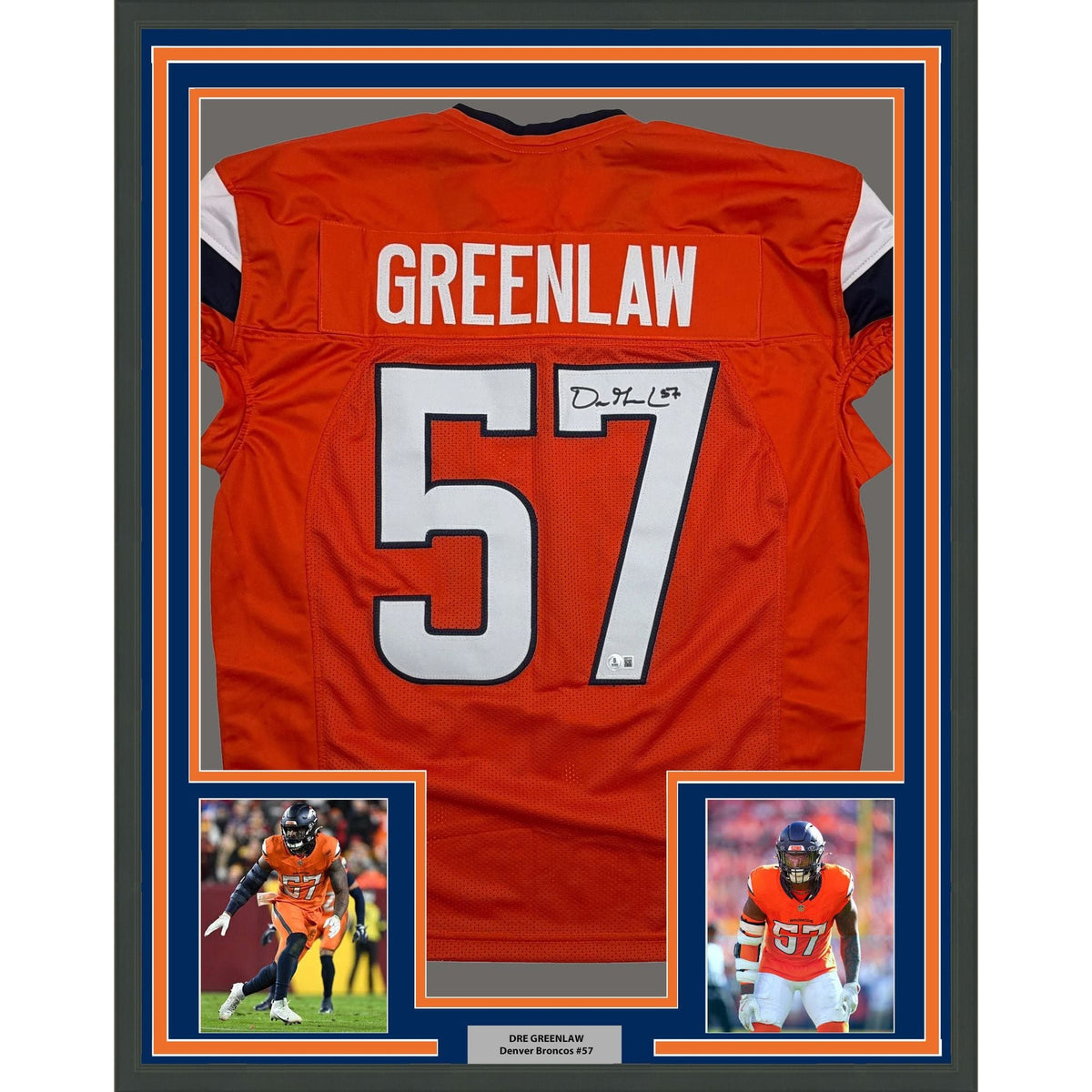 Framed Autographed/Signed Dre Greenlaw 35x39 Denver Orange Pro Cut Football Jersey Beckett BAS COA