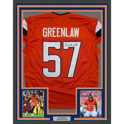 Framed Autographed/Signed Dre Greenlaw 35x39 Denver Orange Pro Cut Football Jersey Beckett BAS COA