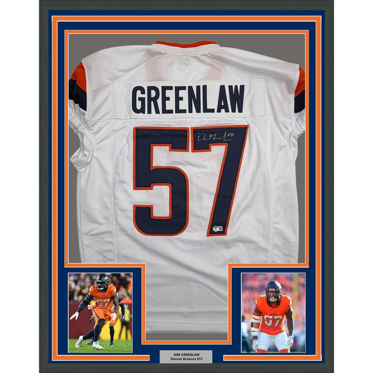 Framed Autographed/Signed Dre Greenlaw 35x39 Denver White Pro Cut Football Jersey Beckett BAS COA