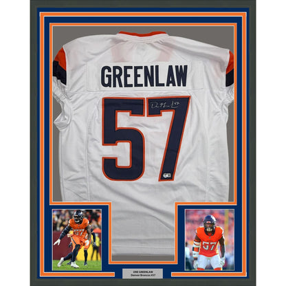 Framed Autographed/Signed Dre Greenlaw 35x39 Denver White Pro Cut Football Jersey Beckett BAS COA