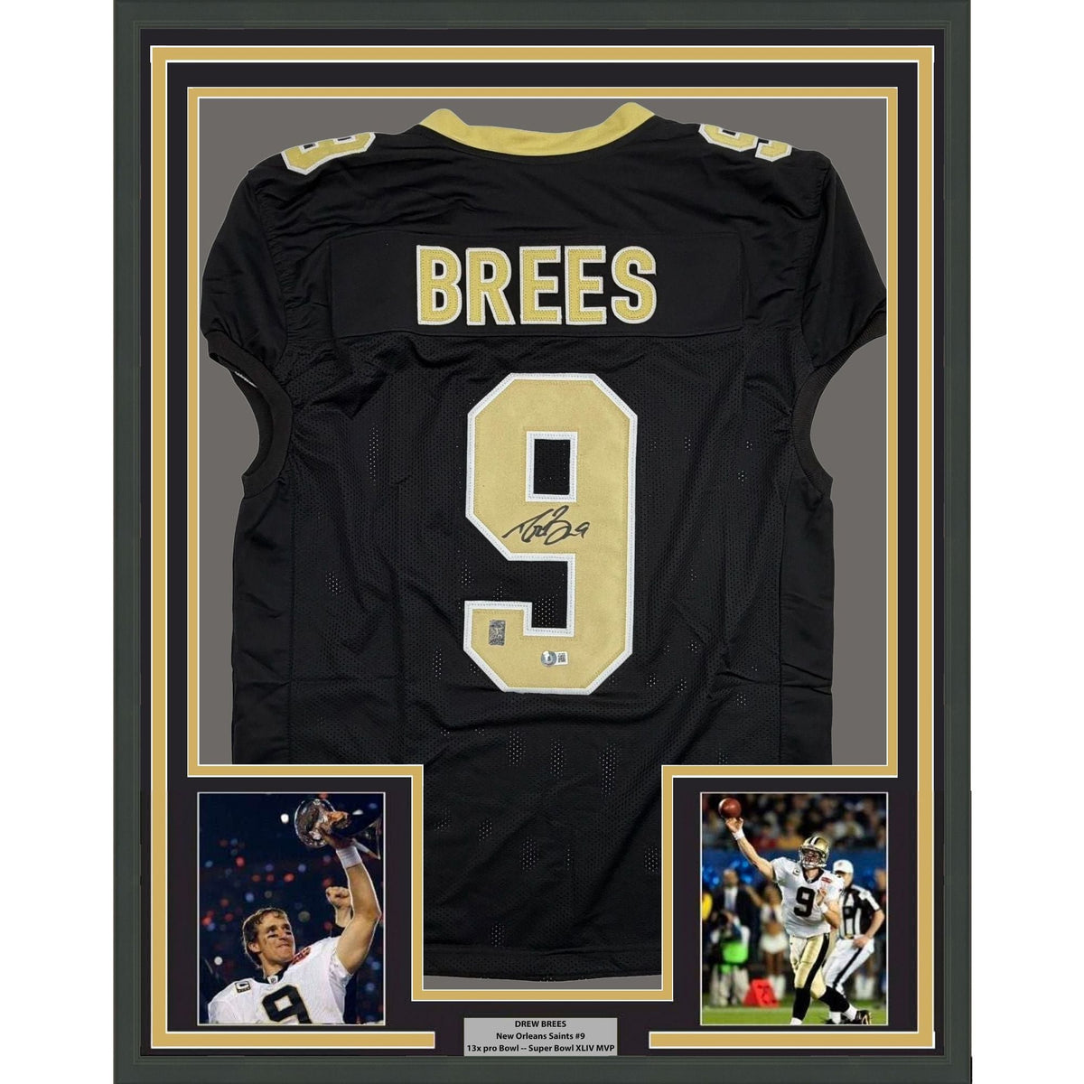 Framed Autographed/Signed Drew Brees 35x39 New Orleans Black Pro Cut Football Jersey Beckett BAS COA