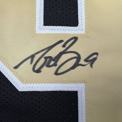 Framed Autographed/Signed Drew Brees 35x39 New Orleans Black Pro Cut Football Jersey Beckett BAS COA