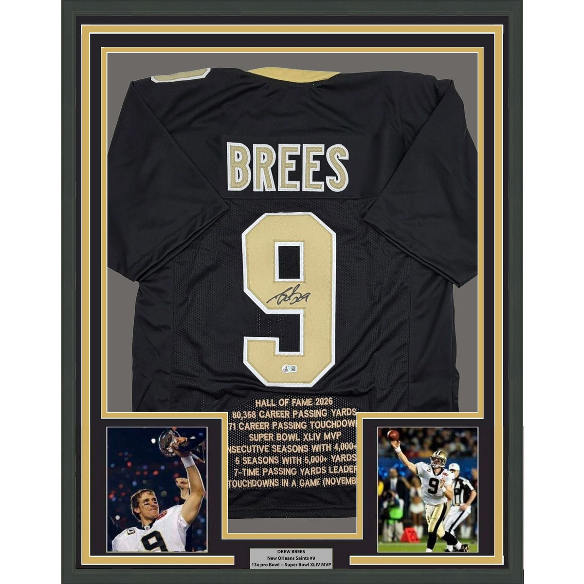 Framed Autographed/Signed Drew Brees 35x39 New Orleans Black Stat Football Jersey Beckett BAS COA