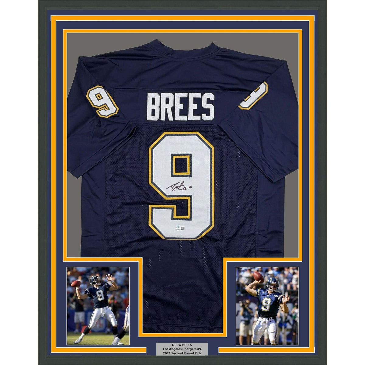 Framed Autographed/Signed Drew Brees 35x39 Los Angeles San Diego Navy Blue Football Jersey Beckett BAS COA