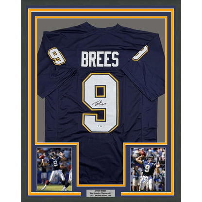 Framed Autographed/Signed Drew Brees 35x39 Los Angeles San Diego Navy Blue Football Jersey Beckett BAS COA