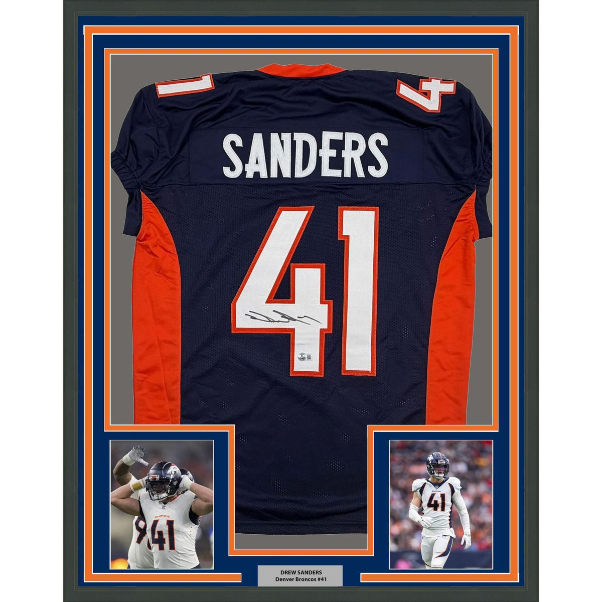 Framed Autographed/Signed Drew Sanders 35x39 Denver Blue Pro Cut Football Jersey Beckett BAS COA