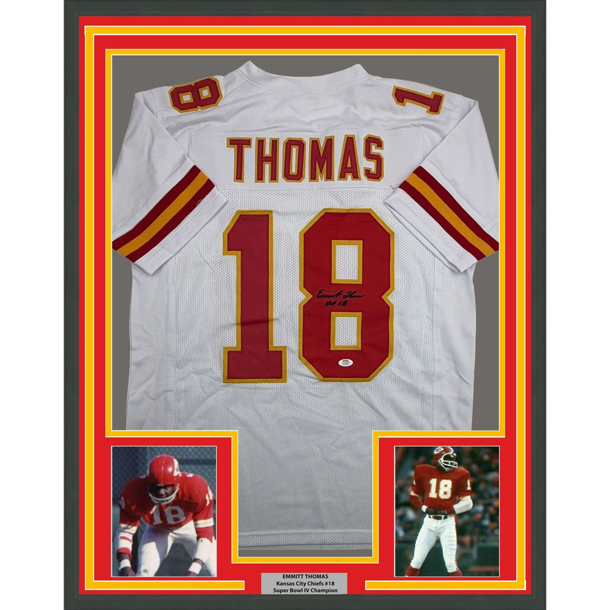 Framed Autographed/Signed Emmitt Thomas 35x39 Kansas City White Football Jersey PSA/DNA COA