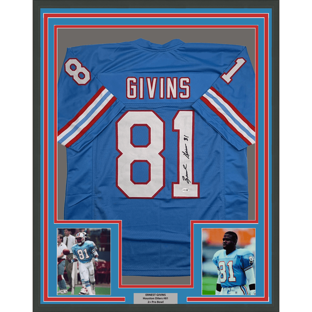 Framed Autographed/Signed Ernest Givins 35x39 Houston Blue Football Jersey JSA COA