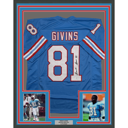 Framed Autographed/Signed Ernest Givins 35x39 Houston Blue Football Jersey JSA COA