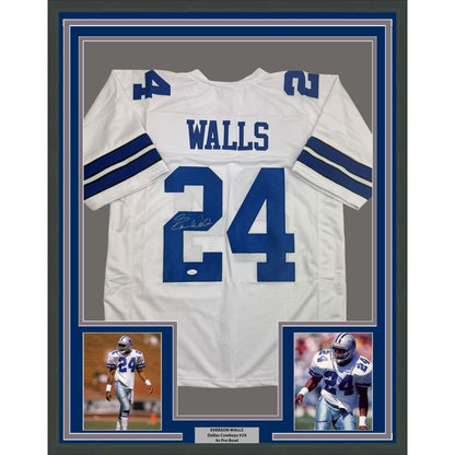 Framed Autographed/Signed Everson Walls 35x39 Dallas White Football Jersey JSA COA