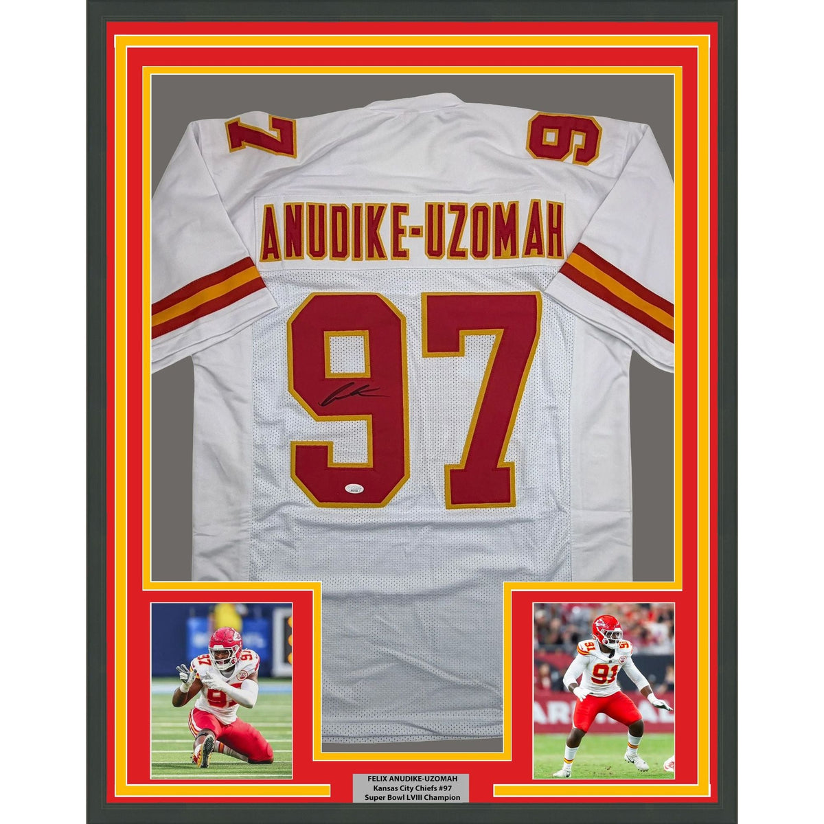 Framed Autographed/Signed Felix Anudike-Uzomah 35x39 Kansas City White Football Jersey JSA COA