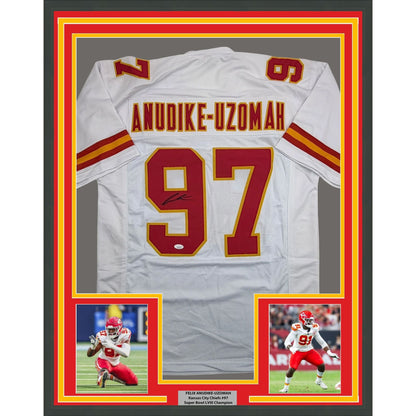 Framed Autographed/Signed Felix Anudike-Uzomah 35x39 Kansas City White Football Jersey JSA COA