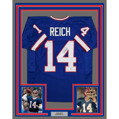 Framed Autographed/Signed Frank Reich 35x39 Buffalo Blue Football Jersey Beckett BAS COA