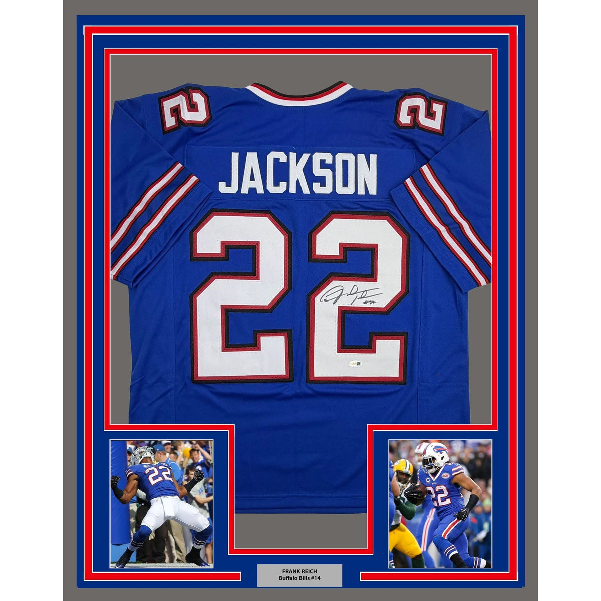 Framed Autographed/Signed Fred Jackson 35x39 Buffalo Blue Football Jersey JSA COA