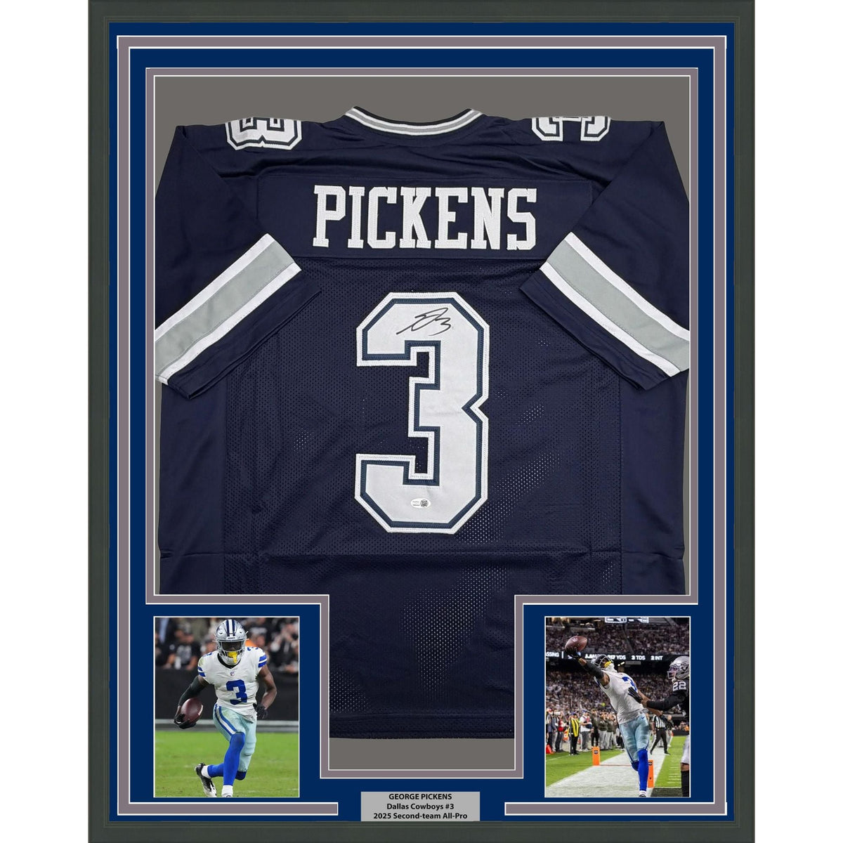 Framed Autographed/Signed George Pickens 35x39 Dallas Navy Blue Football Jersey JSA COA