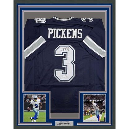 Framed Autographed/Signed George Pickens 35x39 Dallas Navy Blue Football Jersey JSA COA